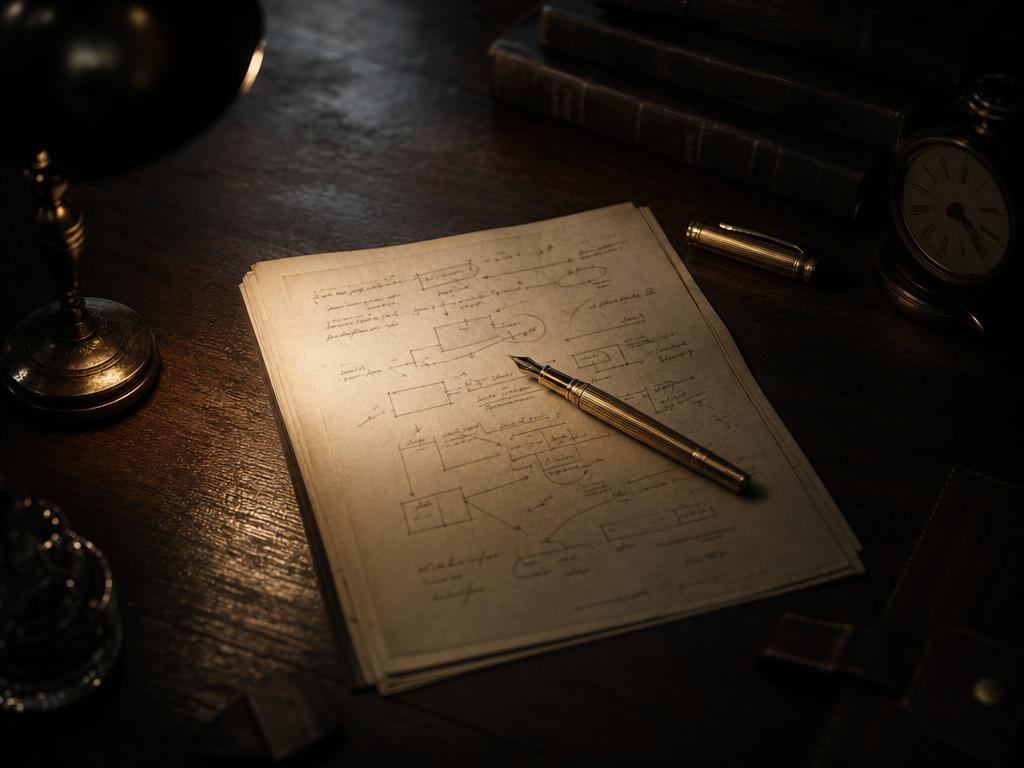 A founder's desk — pen, paper, and a plan under lamplight